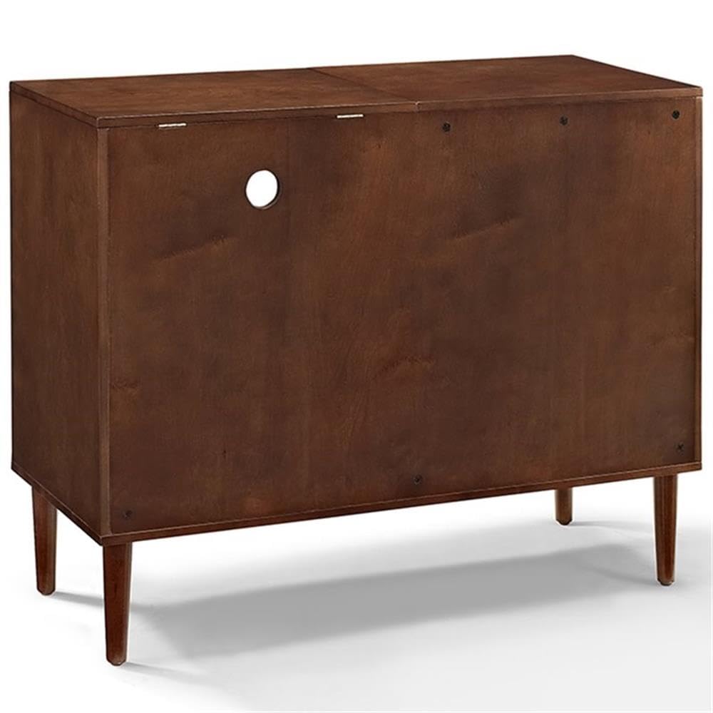 BOWERY HILL Mid-Century Media Console Table, 44 in x 18 in x 34.25 in, MDF/Birch Veneer, Mahogany Finish, Gold Metal Hardware, Hinged Top, Vinyl Record Storage, Sliding Doors, Living Room Turntable