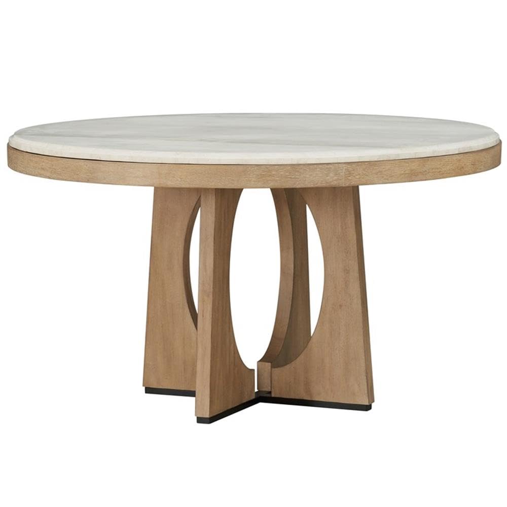 Pemberly Row Contemporary Dining Set, 54" Round Table, Oak Veneer, Stone Top, Natural Finish, Includes 4 Barrel Chairs, Neutral Upholstery, Modern Style, Perfect for Kitchen or Dining Room Spaces