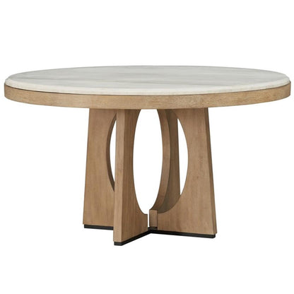 Pemberly Row Contemporary Dining Set, 54" Round Table, Oak Veneer, Stone Top, Natural Finish, Includes 4 Barrel Chairs, Neutral Upholstery, Modern Style, Perfect for Kitchen or Dining Room Spaces