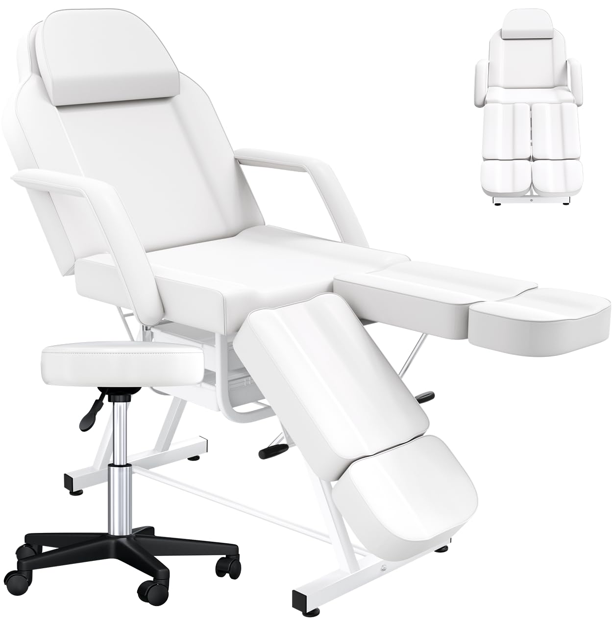 Facial Chair Tattoo Chair for Client, Facial Bed Esthetician Adjustable Massage Table with Headrest & 360° Rolling Stool, Split Legs Design, Lash Bed for Salon Spa Massage Equipment, Elegant White