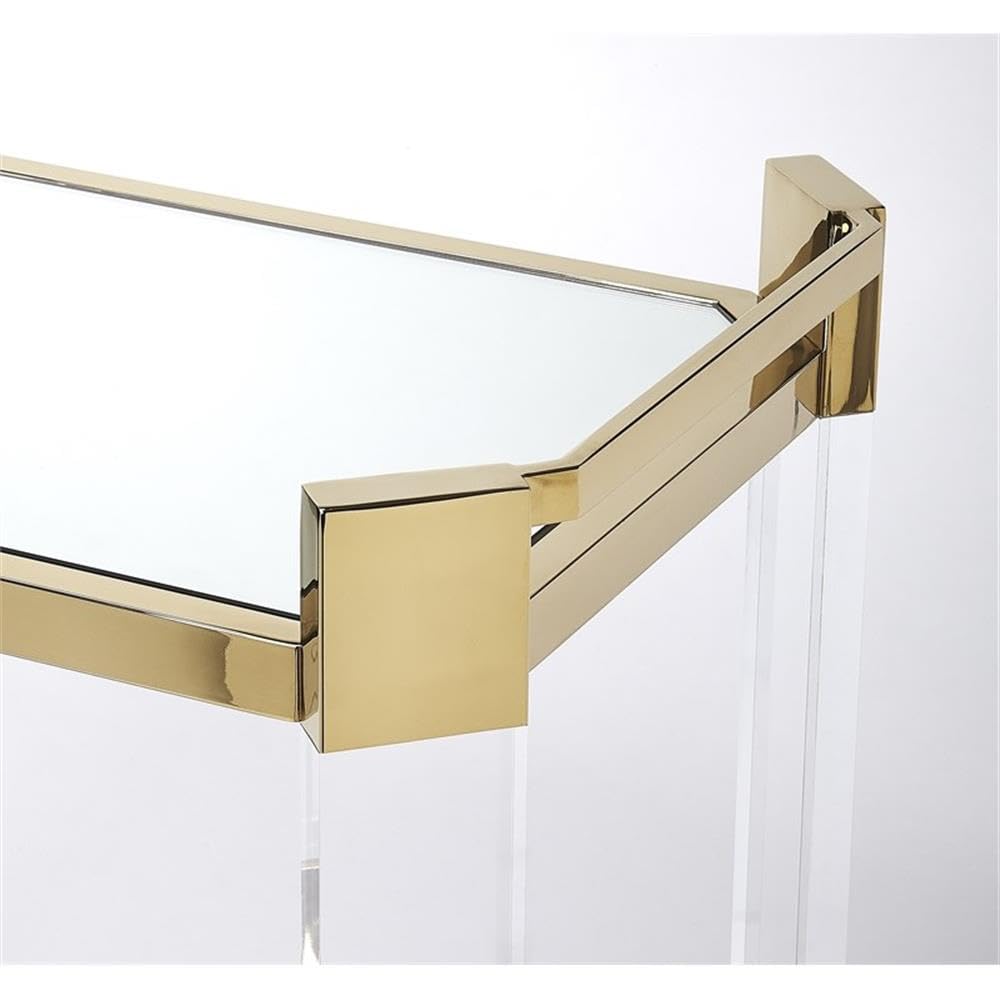 Beaumont Lane Acrylic Serving Cart, 32"W x 17"D x 31.5"H, Clear Glass and Mirror Glass Shelves, High Polished Gold Stainless Steel Frame, Modern Design with Casters for Bar, Kitchen, or Dining Room