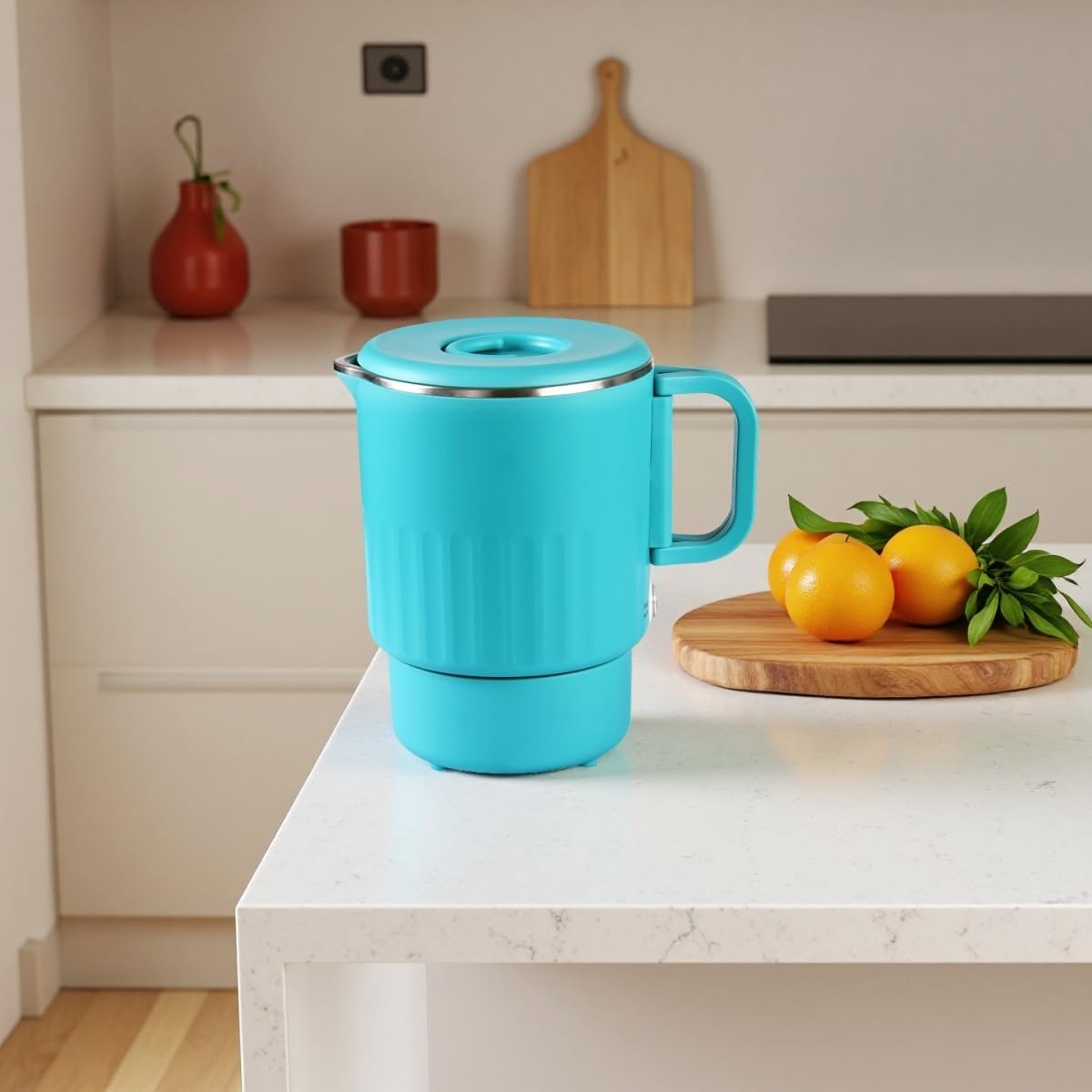 0.8L Small Portable Electric Kettle with Foldable Handle, 27 Ounce Travel Electric Kettle 304 Stainless Steel, Collapsible Hot Water Boiler for RV, Camping, Hotel, Office, Business Trip (Blue)