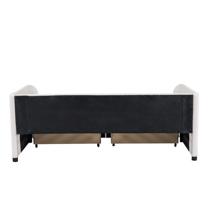 Jintop Twin Size Velvet Daybed with Two Drawers and Stripe Shaped Headboard Design,Upholstered Wooden Storage Bed Frame,w/Ergonomic Design Backrest,for Bedroom,Living Room,Beige