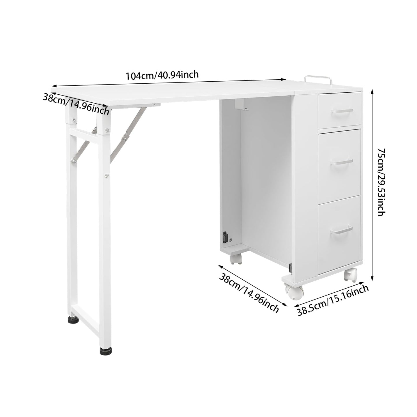 TREMENPOW Foldable Manicure Table, Single Station Nail Desk, Manicure Table with 3 Drawers & Wheels, 220lb Capacity, for Nail Salons, Beauty Spa, Home Office, Writing or Computer Desk