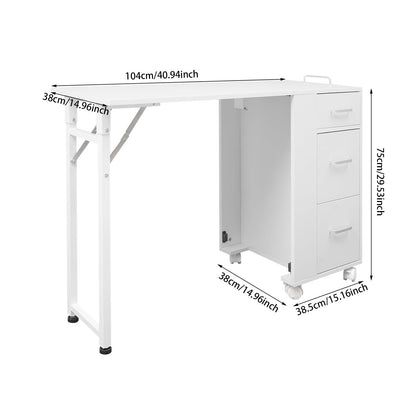 TREMENPOW Foldable Manicure Table, Single Station Nail Desk, Manicure Table with 3 Drawers & Wheels, 220lb Capacity, for Nail Salons, Beauty Spa, Home Office, Writing or Computer Desk