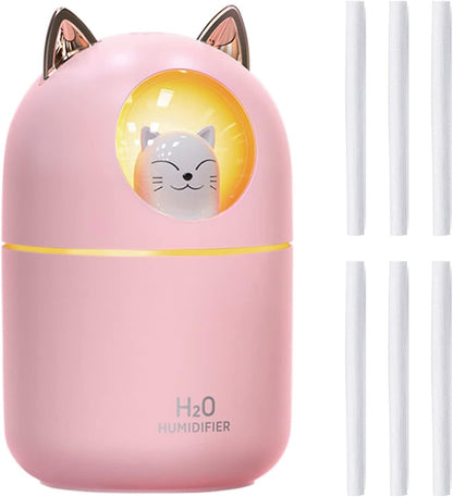 Small Humidifier, Cute Portable Cool Mist with 6 Pcs Humidifier Sticks, 7 Color Night Light