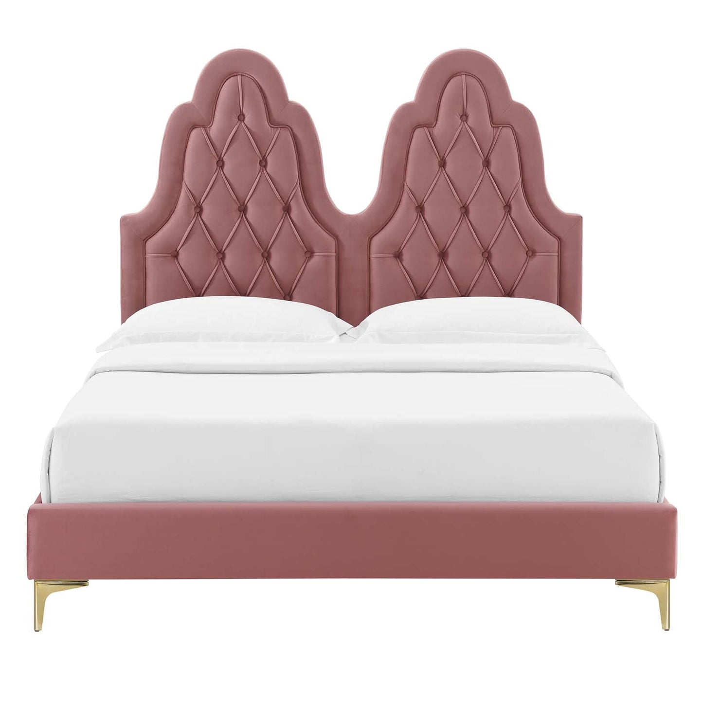 Modway Alexandria Tufted Performance Velvet Twin Platform Bed in Dusty Rose with Gold Legs