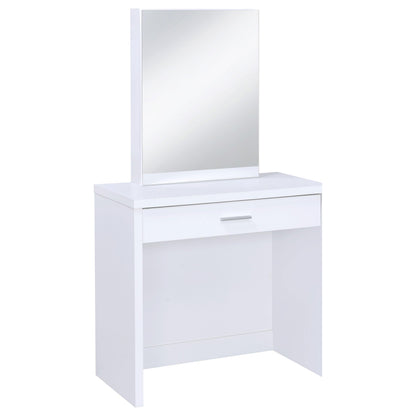 Coaster Home Furnishings Harvey Contemporary 3-Piece 1-Drawer Makeup Vanity Desk with Jewelry Storage Vanity Mirror and White Faux Leather Upholstered Storage Vanity Stool White 300290