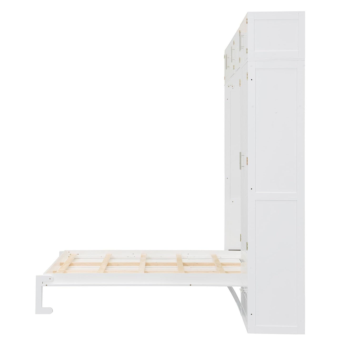 Merax Queen Size Murphy Bed with Shelves, Top Cabinet and Wardrobe, Fold into The Wall, Space-Saving Design Foldable Platform Bed Frame for Bedroom, Guest Room, Home Office, White