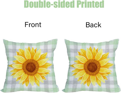 2 Pack Waterproof Sunflower Pillow Covers, 16x16 Inch Green Buffalo Plaid Yellow Floral Throw Cases for Outdoor Decor