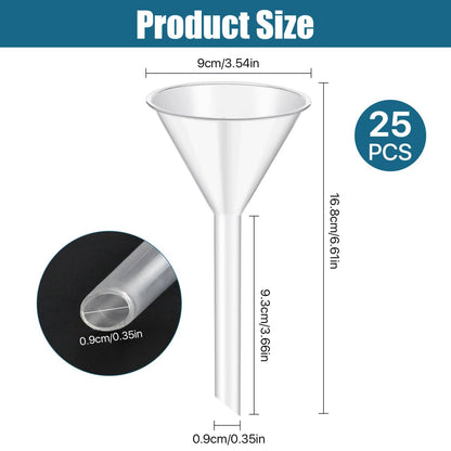 Elesunory 25Pcs 3.5 Inch Plastic Funnels, Wide Mouth Funnels for Kitchen Use Filling Bottles, Versatile Large Funnel with Long Reaching Spout for Oil, Perfume, Spices