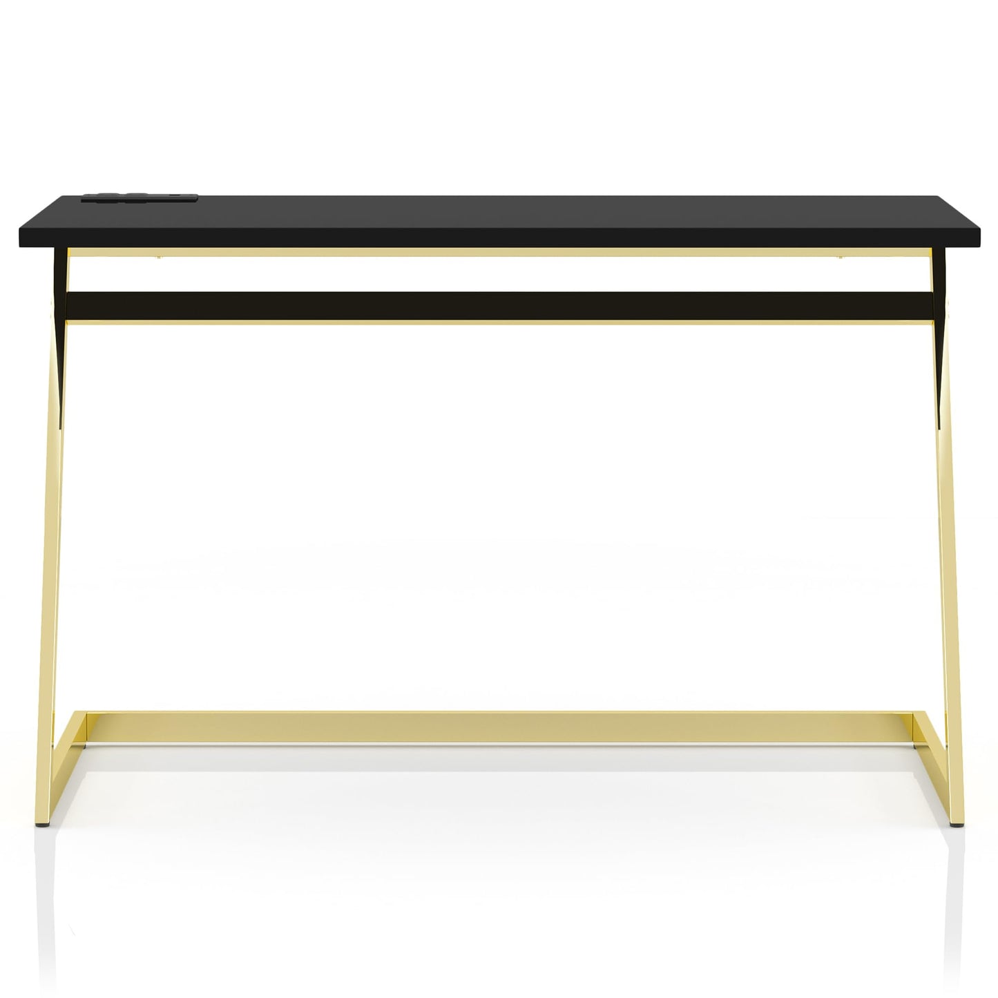 24/7 Shop at Home Ruthetta Modern Metal Writing Desk with USB Port, Power Outlet for Workstation, Home Office, Study Room, Glossy Black and Brass