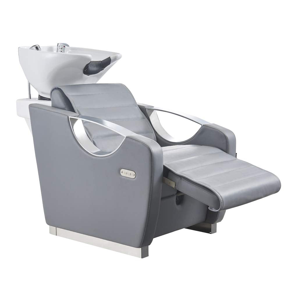 Dir Beauty Salon Shampoo Backwash Unit with Tilting Ceramic Sink Station and Electronic Adjusting Footrest Victoria, Gray