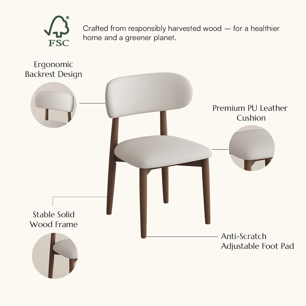POVISON Modern Dining Chairs Set of 2, Armless PU Leather Dining Chair with PU Cushions and Dark Walnut-Coloured Ash Wood