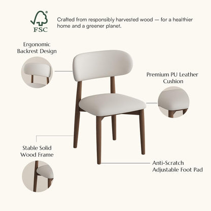 POVISON Modern Dining Chairs Set of 2, Armless PU Leather Dining Chair with PU Cushions and Dark Walnut-Coloured Ash Wood