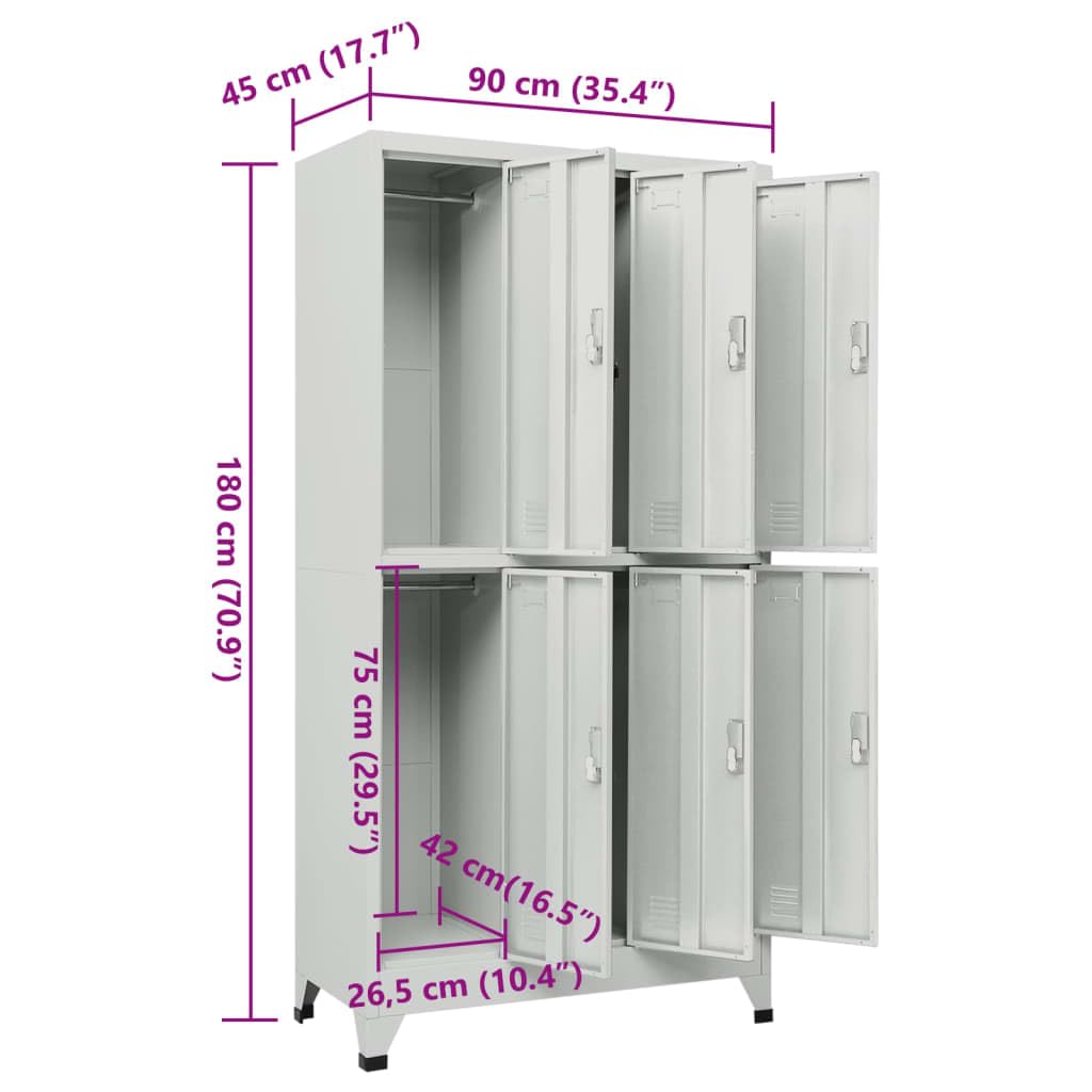 PUGYNBK Grey Steel Large Locker Cabinet with Six Lockable Compartments for Secure Storage, Durable Industrial Style Organizer for Office, Gym, or Home