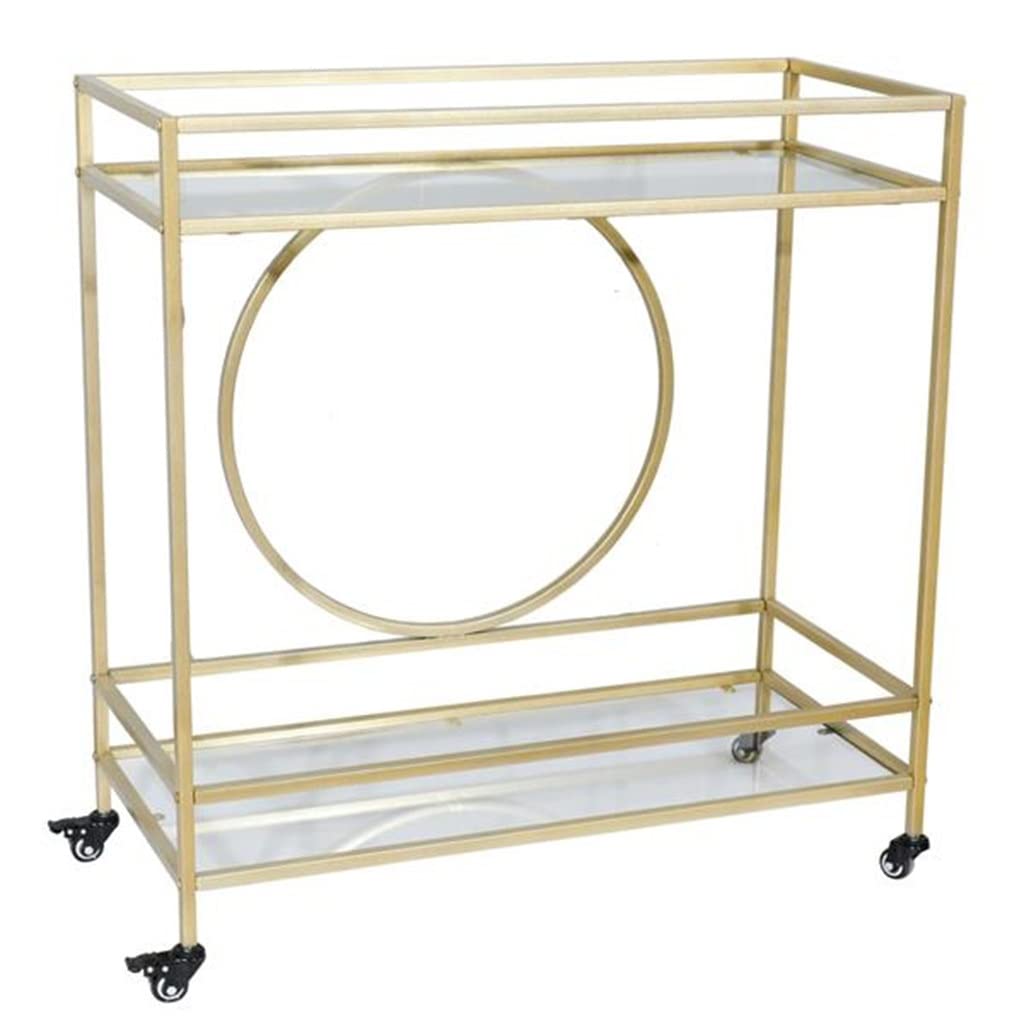 EHVYBDX Generic Movable Hand Trucks International Bar Serving Cart Dining Car Storage Rack 2-Layer Gold Metal Frame Glass Top Shelf/Gold/90.3X40X94.4Cm