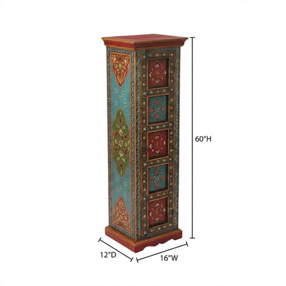 Starlight Canyon Home Hand Painted Tall Storage Cabinet, Boho Eclectic Merranti Wood Accent Cabinet for Living Room in Multicolor Finish