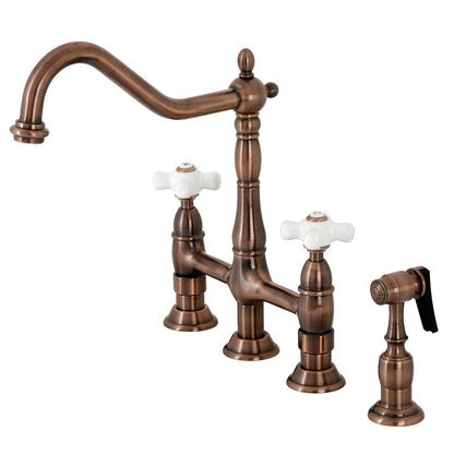 Kingston Brass KS127PXBSAC Heritage Bridge Kitchen Faucet with Brass Sprayer, Antique Copper