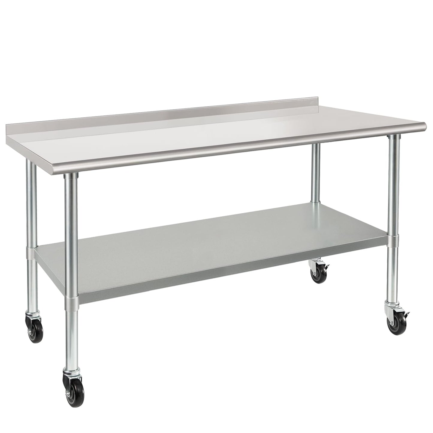 HARDURA Stainless Steel Table 30 x 60 Inches with Wheels Casters NSF Heavy Duty Commercial Prep Table with 2” Backsplash and Adjustable Undershelf for Restaurant Kitchen Home and Hotel