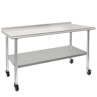 HARDURA Stainless Steel Table 30 x 60 Inches with Wheels Casters NSF Heavy Duty Commercial Prep Table with 2” Backsplash and Adjustable Undershelf for Restaurant Kitchen Home and Hotel