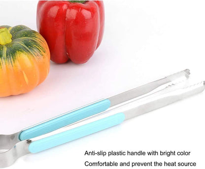 HANSA 2PCS Blue Color Stainless Steel Food Ice Tongs, 9 Inch BBQ Baking Utensils with ABS Handle & Silicone Brush