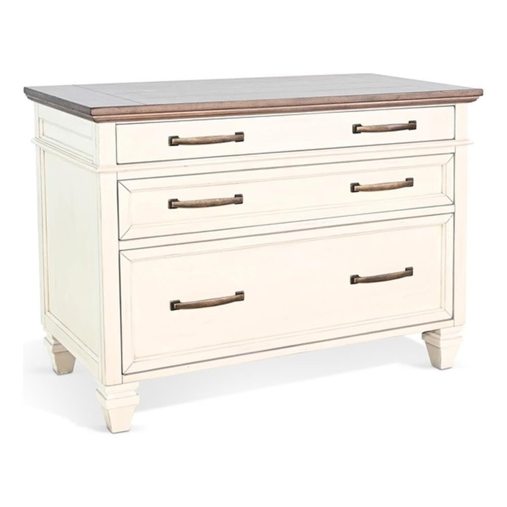 Pemberly Row Solid Wood Lateral File Cabinet, Two-Tone White and Brown Finish, Traditional 3-Drawer Design, Durable Office Storage, Contemporary Style for Home or Office