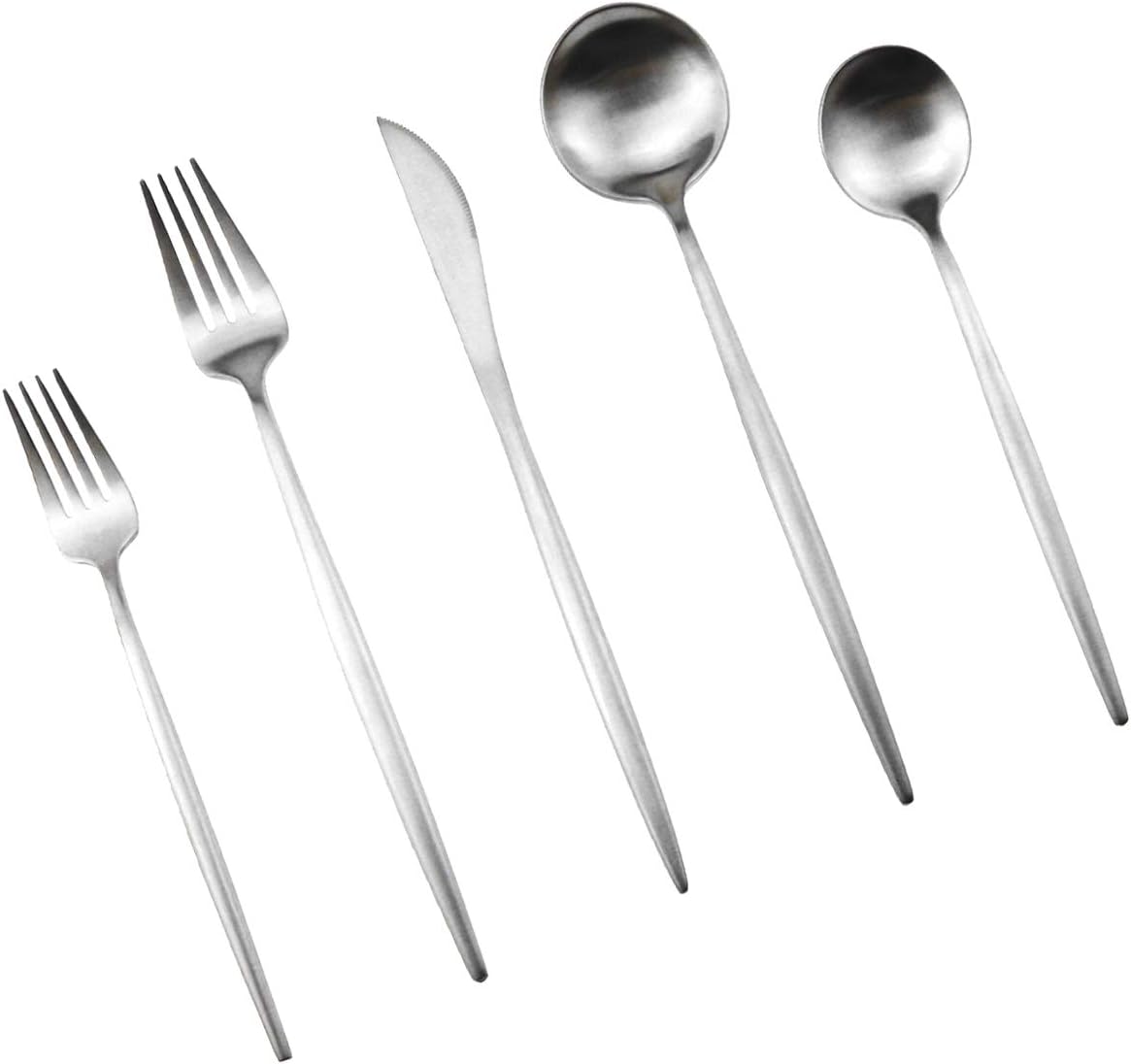 Silver Flatware, Royal 5 Piece Luxury Matte Finish 18/10 Stainless Steel Tableware Set for 1 Including Forks, Spoons,