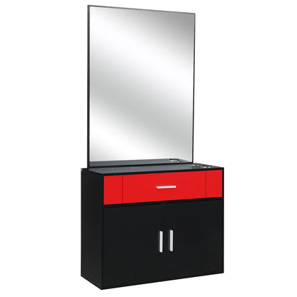Red Salon Cabinet with Mirror, Professional Hair Styling Station for Home, Makeup Vanity Table Salon Furniture Barber Cabinet Storage Organizer Beauty Salons Equipment