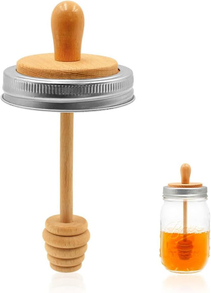 Sun3drucker Set 16 oz Wooden Mason Jar Honey Dipper with Lids - Honey Dipper Wooden Stick for Regular Mouth Mason Jars