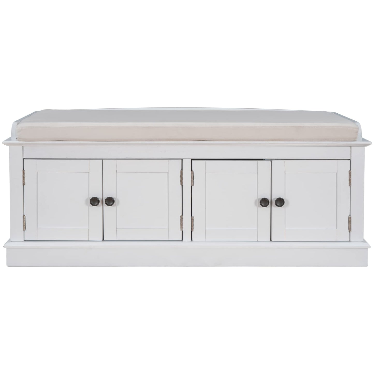 GDFStudio Jasd Storage Bench with 4 Doors and Adjustable Shelves, Removable Cushion Bench Ottoman, Solid Wood Frame Storage Ottoman, Rectangular Cabinet with Seating for Living Room Entryway, White