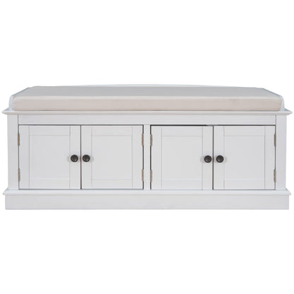 GDFStudio Jasd Storage Bench with 4 Doors and Adjustable Shelves, Removable Cushion Bench Ottoman, Solid Wood Frame Storage Ottoman, Rectangular Cabinet with Seating for Living Room Entryway, White