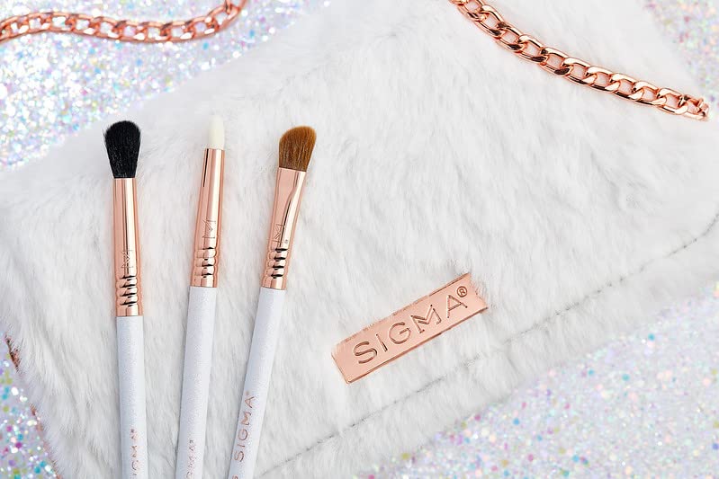 Sigma Beauty Glam ‘N Glow Mini Eye Makeup Brush Set – Set of 3 Eye Makeup Brushes for Blending, Shading, Lining, and Smudging, Includes Stylish Black Small Makeup Bag (4 Pcs)