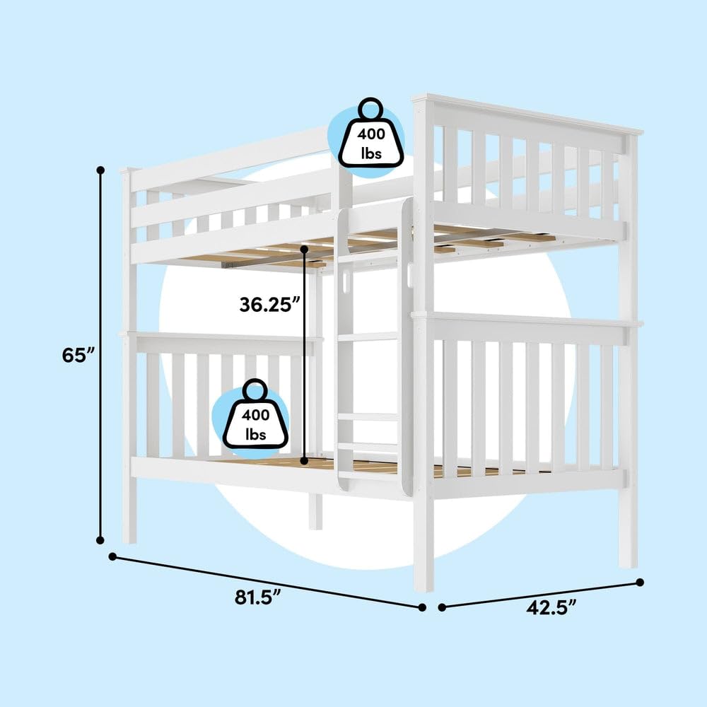 Max & Lily Bunk Bed Twin over Twin, Solid Wood Bunk Bed Frame with Ladder for Kids, 14" Safety Guardrails, Easy Assembly, No Box Spring Needed, White