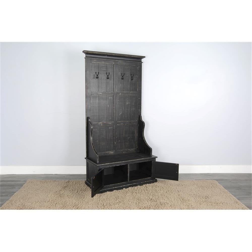 Pemberly Row Modern Hall Tree, Mahogany Wood, Black Sand Finish, Crown Molding Accents, 4 Double Prong Hooks, 2 Storage Cubbies, Rustic Style Entryway Organizer with Seat