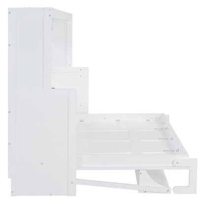 Ball & Cast Murphy Bed Full Size Hideaway Beds with Hydraulic Lift & Desk Design,Industrial Multifunction Wood Wall Cabinets Bedframe W/Hardware Chain,Space-Saving for Apartment,White