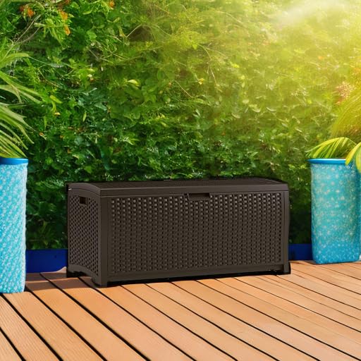 Suncast 73-Gallon Medium Deck Box - Lightweight Resin Indoor/Outdoor Storage Container and Seat for Patio Cushions and Gardening Tools - Store Items on Garage, Yard - Mocha Brown