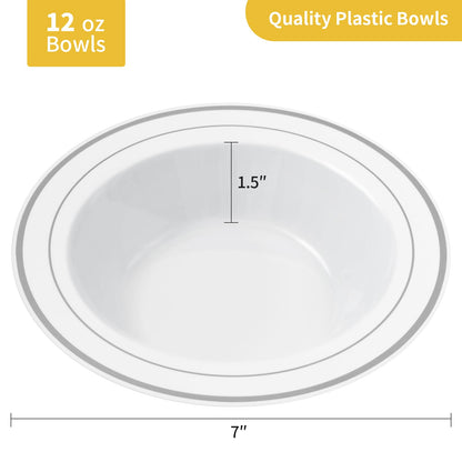 Goodluck 100 Pack Plastic Bowls with Silver Rim, 12oz Disposable Soup Bowls, Heavy Duty Dessert Bowls for Weddings, Parties, Dinners, Catering, and Everyday Use
