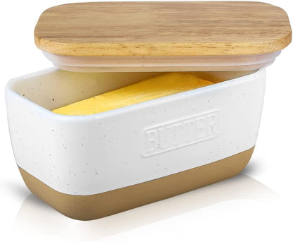 Countertop, HVH Ceramic Butter Dish with Lid for Airtight Butter Keeper with Wooden Lid, Butter Dishes with Covers