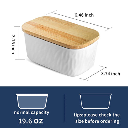 KOOV Porcelain Large Butter Dish with Lid, Airtight Butter Container with Oak Lid, Perfect for 2 Sticks, Texture Series (White)