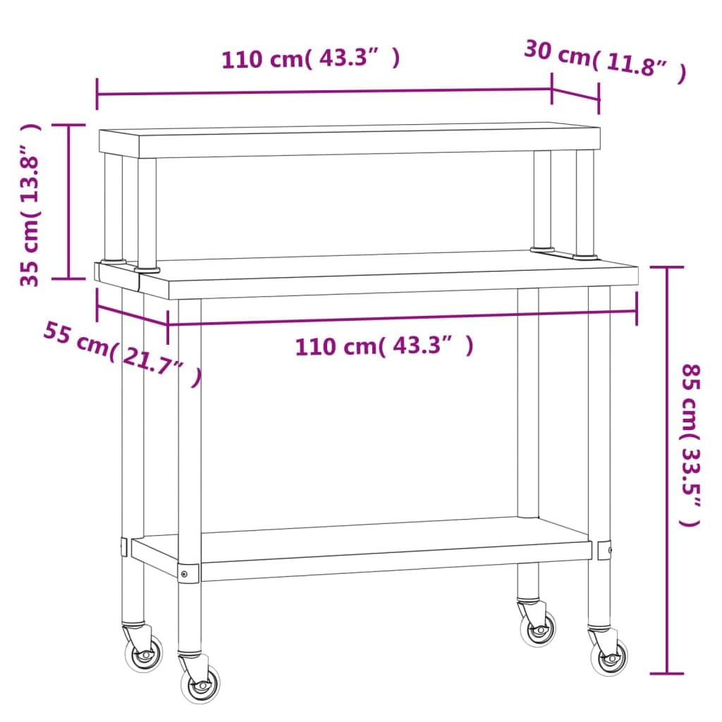 Stainless Steel Kitchen Work Table with Overshelf and Wheels, 43.3 x 21.7 Inch Commercial Prep Station for Restaurant, Home, Garage, Utility Cart