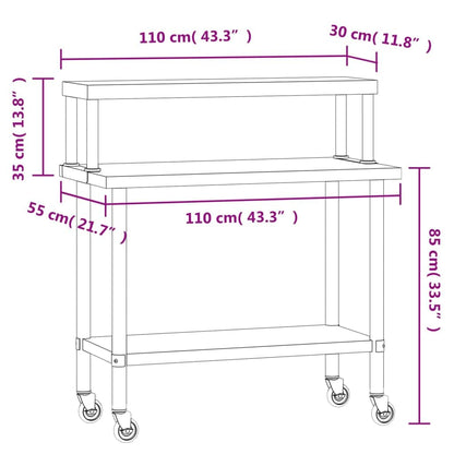 Stainless Steel Kitchen Work Table with Overshelf and Wheels, 43.3 x 21.7 Inch Commercial Prep Station for Restaurant, Home, Garage, Utility Cart
