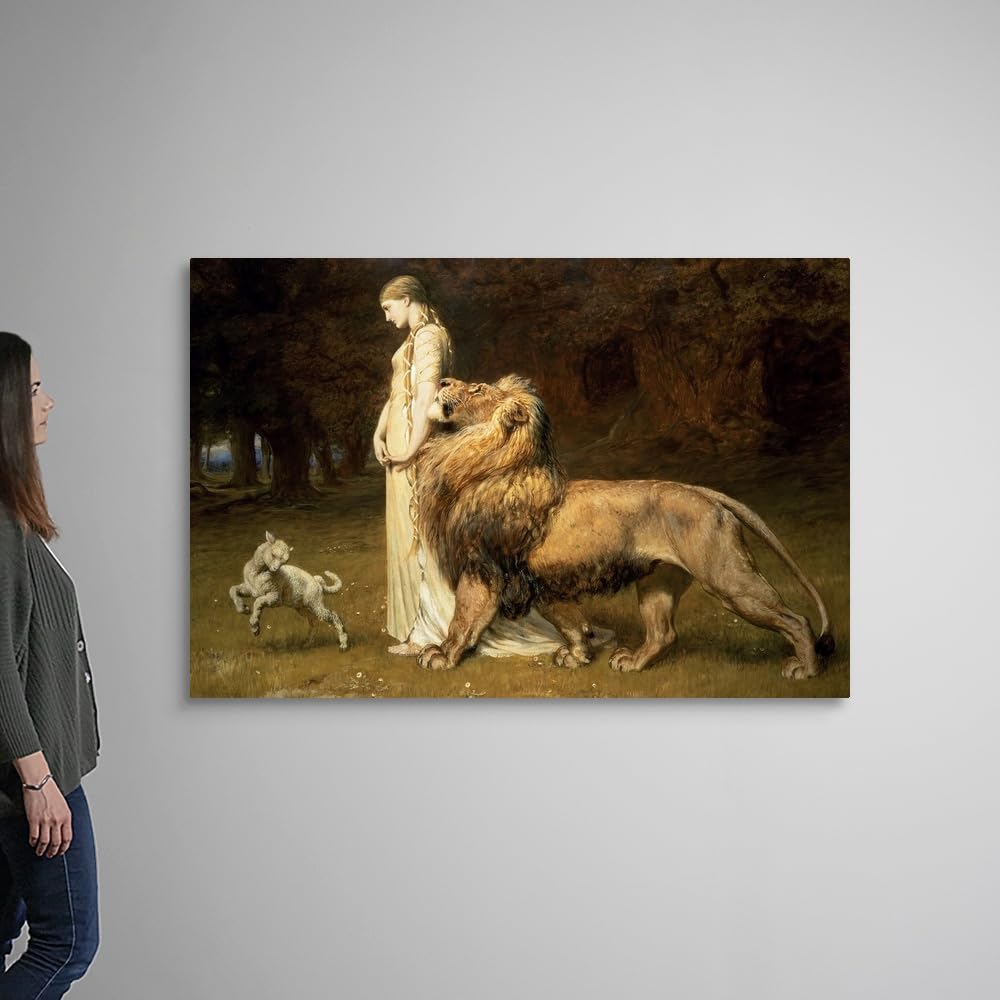 CANVAS ON DEMAND Una and the Lion, From Spenser's Faerie Queene, 1880 Canvas Wall Art Print by Briton (1840-1920) Riviere, Figurative, Home Decor, Lamb, Lion Artwork,60" x40in