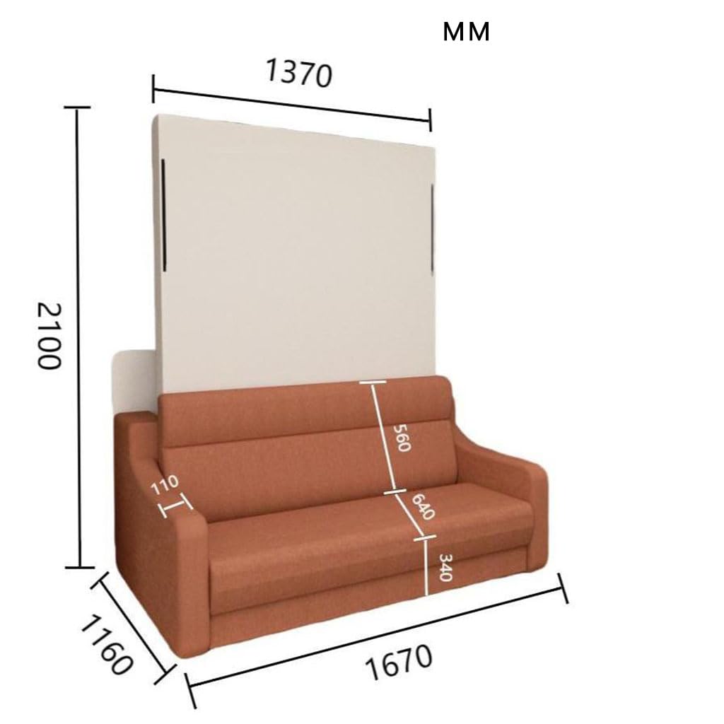 FAVSH Full Size Murphy Bed Cabinet with Loveseat Sofa, White Hidden Beds,Wall Bedframe w/Orange Couch for Bedroom,Space-Saving, Noise Free