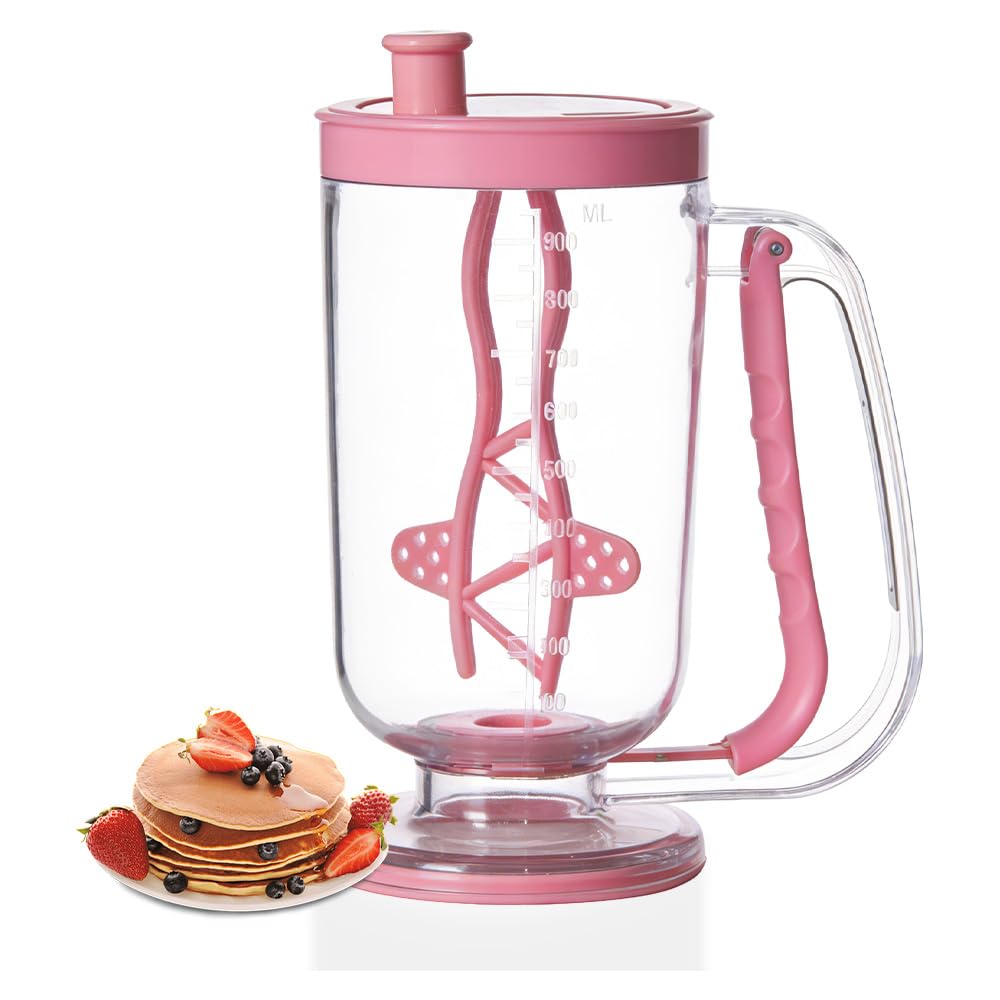 Pancake Batter Dispenser with Built-in Mixer Handle - No-Drip Handheld Funnel for Pancakes, Baking, Waffles, Cupcakes & Muffins - Easy Squeeze Baking Tool for Perfect Portions (Pink with Mixer)