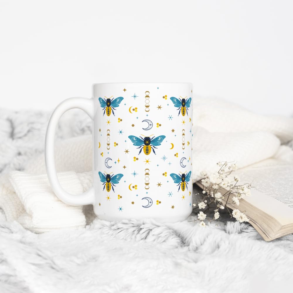 Celestial Bee Pattern Ceramic Coffee Mug, Honeycomb Moon Stars Tea Cup, Gift for Women Friend