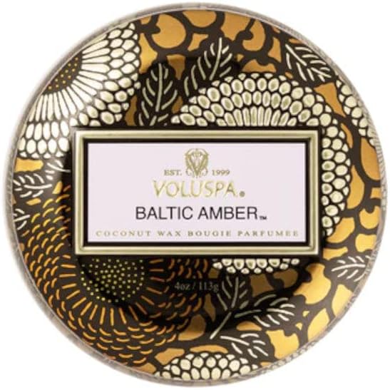 Voluspa Baltic Amber Candle | Mini Tin | 4 Oz. | 25 Hour Burn Time | Coconut Wax for Cleaner Burn