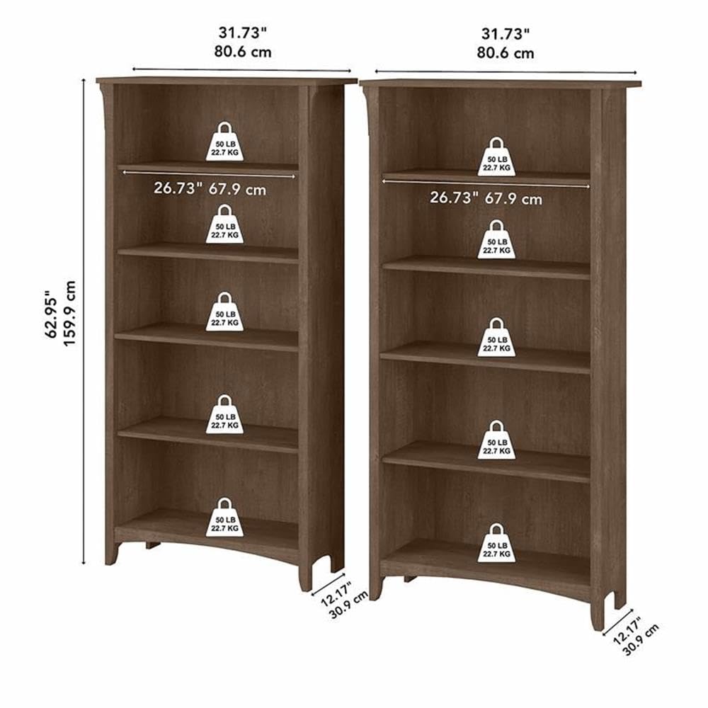 Bush Home Salinas Tall 5 Shelf Bookcase - Set of 2 in Ash Brown, Vertical Office Storage, Bookshelves for Home Workspace, Multi-Purpose Shelving Units