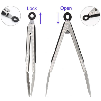 304 Stainless Steel Kitchen Cooking Tongs, 12" and 14" Set of 2 Sturdy Grilling Barbeque Brushed Locking Food Tongs with Ergonomic Grip, Black