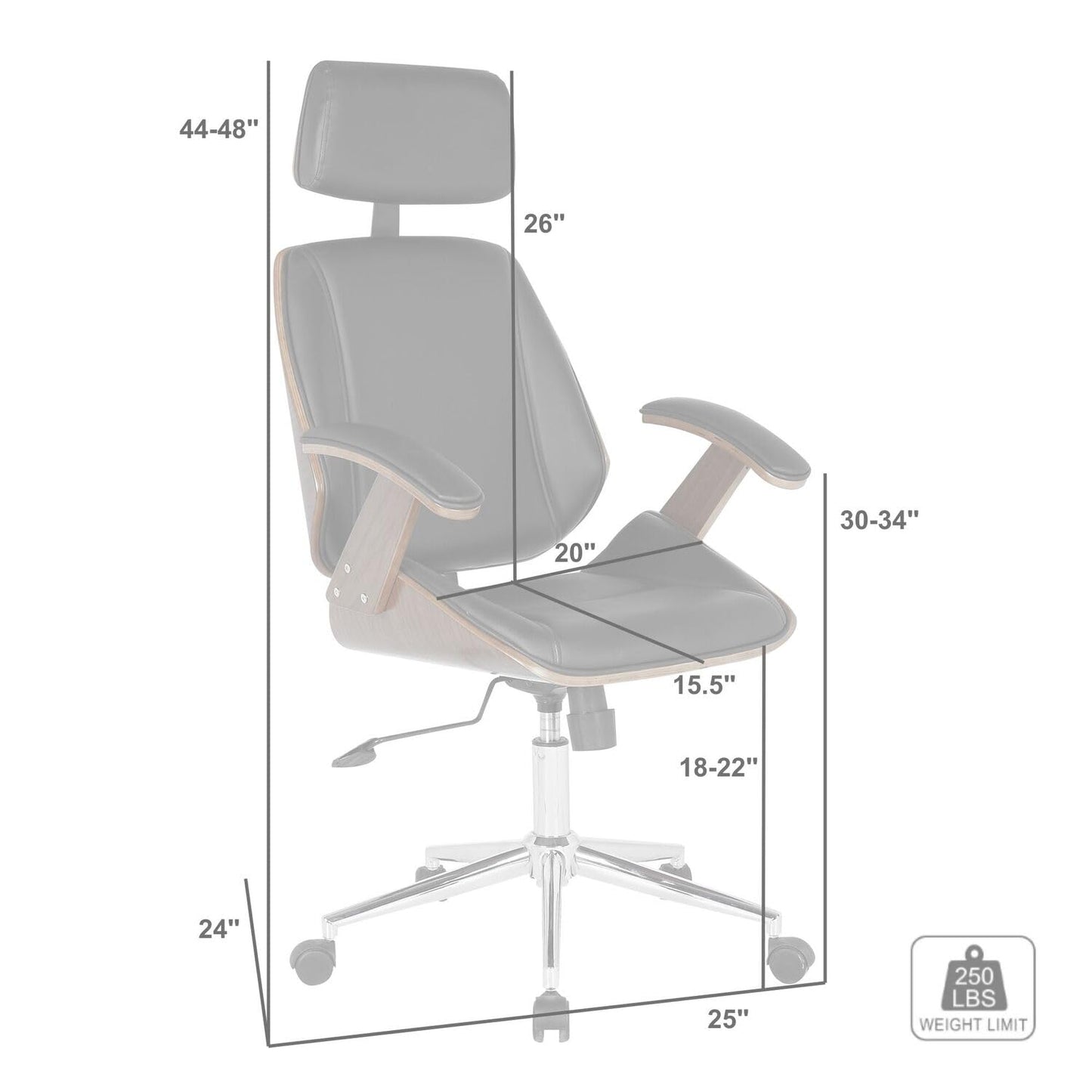 Armen Living Century Office Chair in Black Faux Leather and Walnut Wood, Chrome Finish